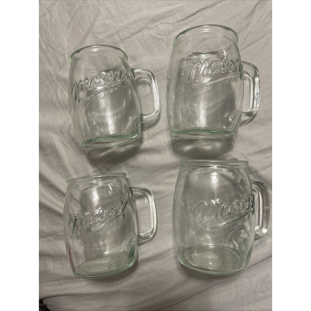 Set Of 4 24oz Mason Glass Belly Shape Mugs Clear With Handle